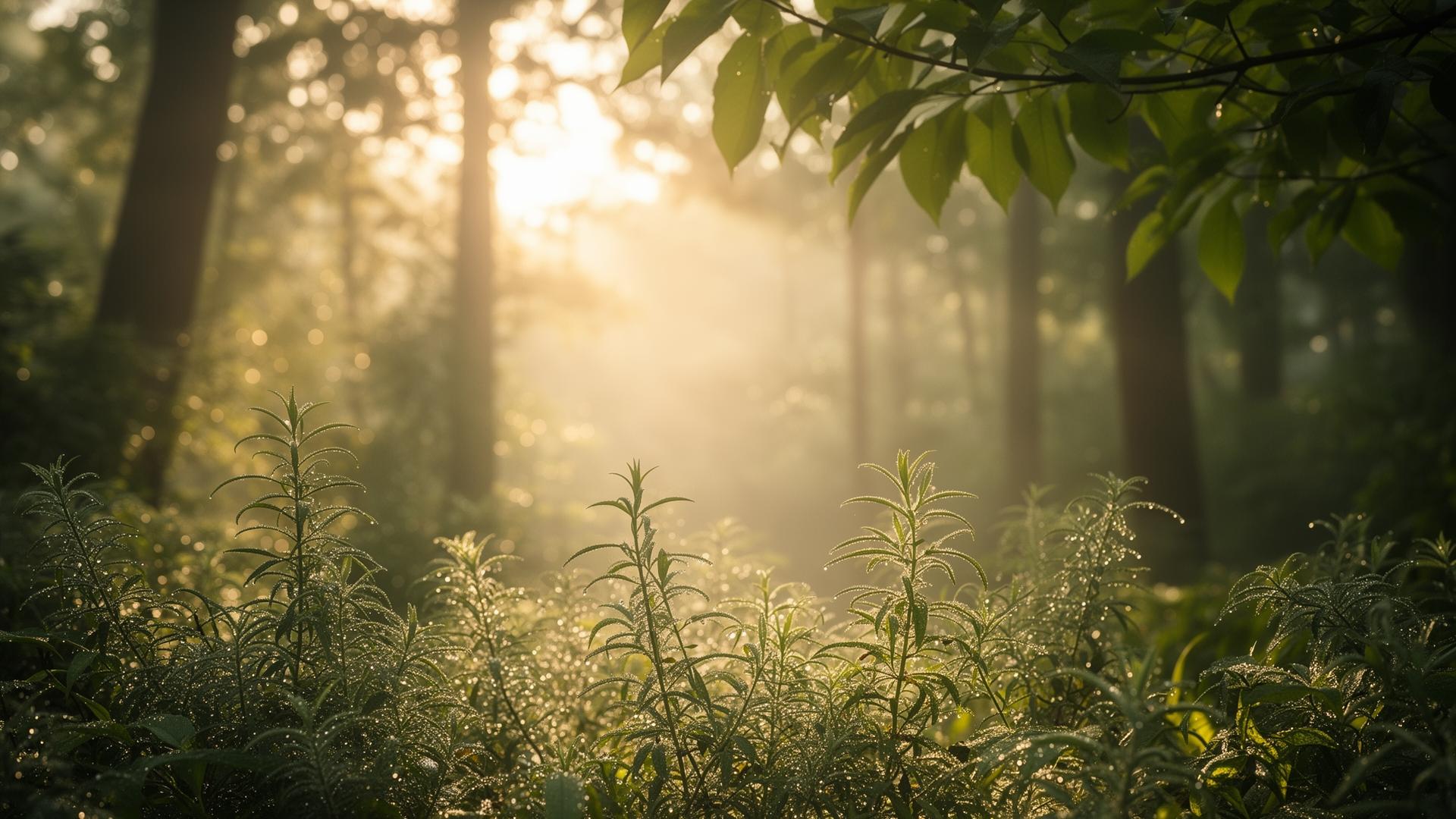 Sunlight through forest leaves at dawn
